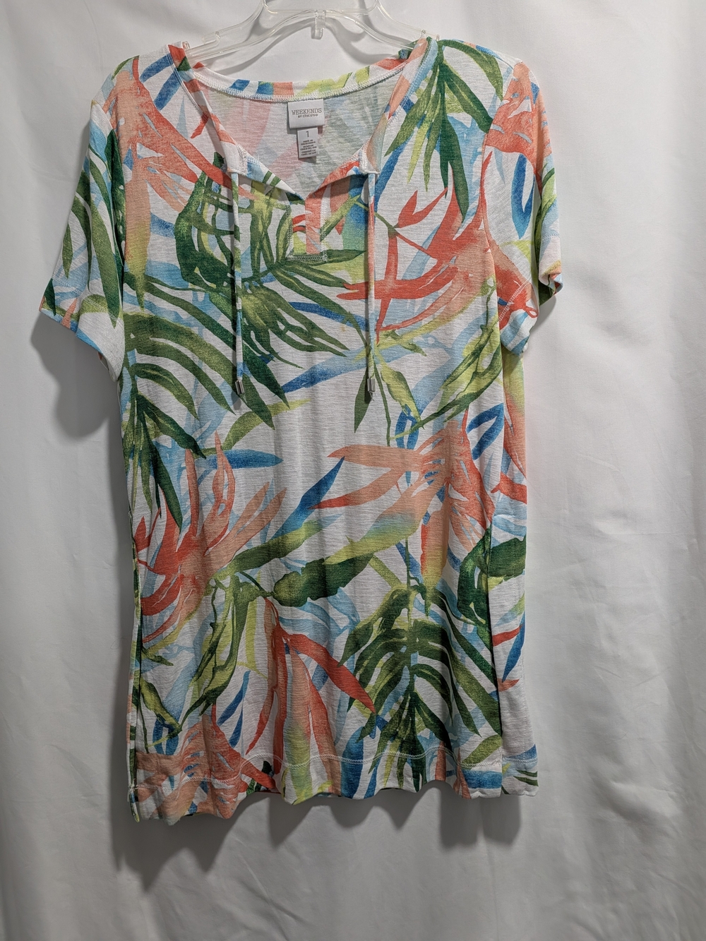Chico's Tropical Leaf Short-Sleeve Hoodie Tee in Coral, Green & Blue